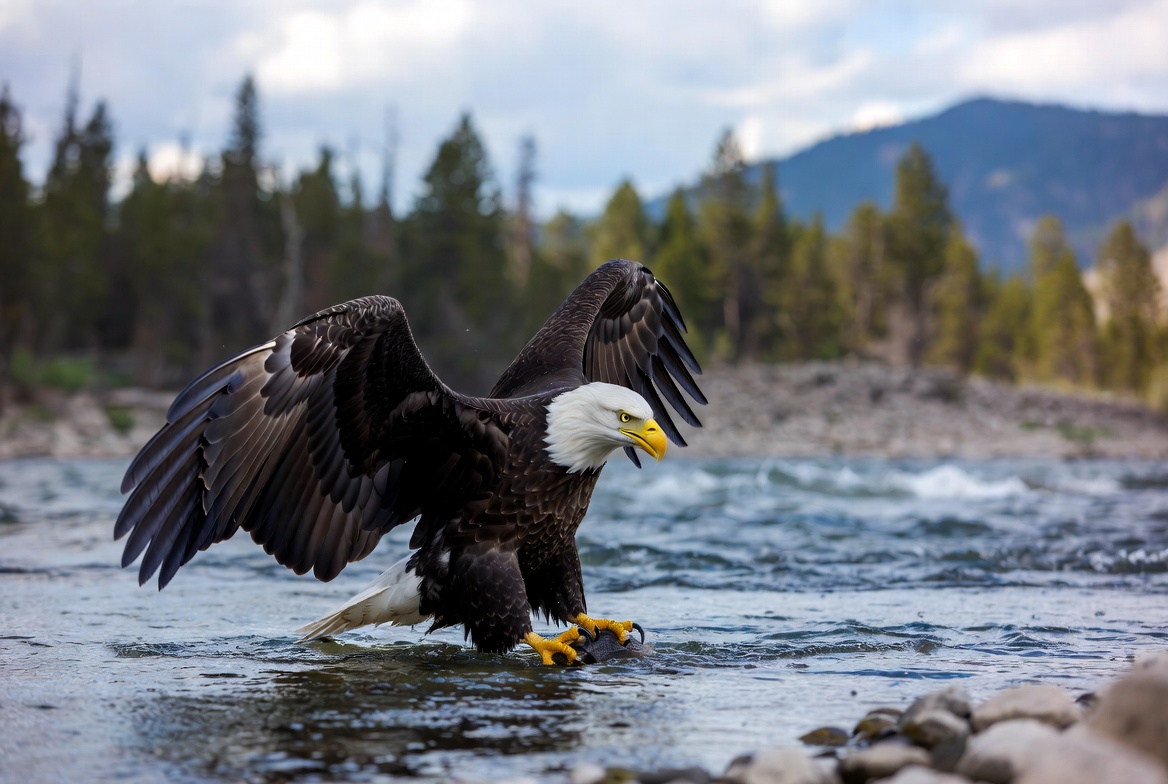 Bald Eagle in a Montana river with prey