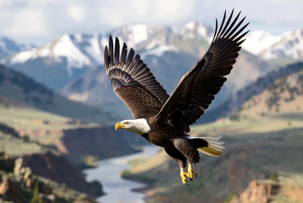 Bald Eagle soaring with wings spread over a Montana mountain river valley