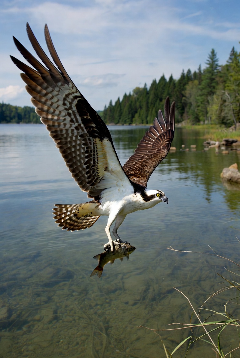 Osprey in flight carrying a fish over a clear mountain lake